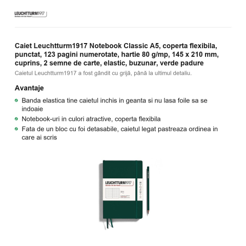 Caiet Leuchtturm1917 Notebook Classic A5, coperta flexibila, punctat, 123 pagini numerotate, hartie 80 g/mp, 145 x 210 mm, cuprins, 2 semne de carte, elastic, buzunar, verde padure [1]