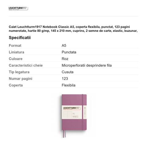 Caiet Leuchtturm1917 Notebook Classic A5, coperta flexibila, punctat, 123 pagini numerotate, hartie 80 g/mp, 145 x 210 mm, cuprins, 2 semne de carte, elastic, buzunar, dusty rose [2]