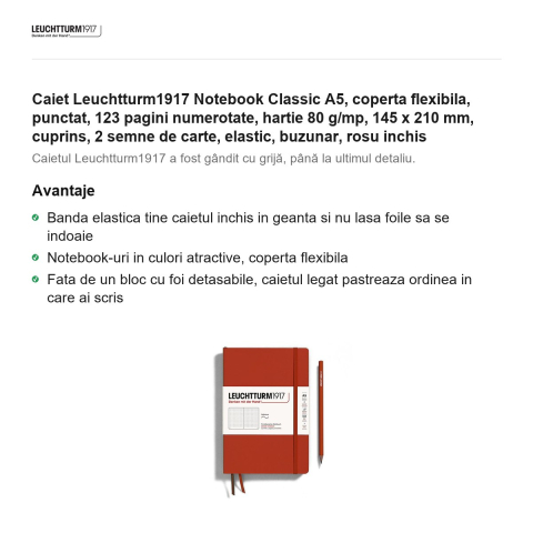 Caiet Leuchtturm1917 Notebook Classic A5, coperta flexibila, punctat, 123 pagini numerotate, hartie 80 g/mp, 145 x 210 mm, cuprins, 2 semne de carte, elastic, buzunar, rosu inchis [1]