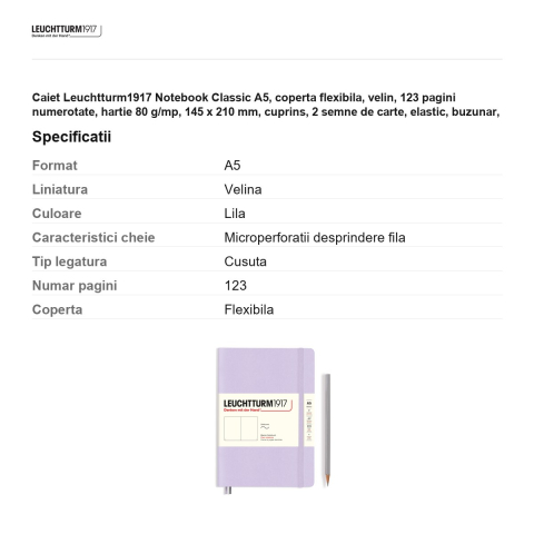 Caiet Leuchtturm1917 Notebook Classic A5, coperta flexibila, velin, 123 pagini numerotate, hartie 80 g/mp, 145 x 210 mm, cuprins, 2 semne de carte, elastic, buzunar, lila [2]