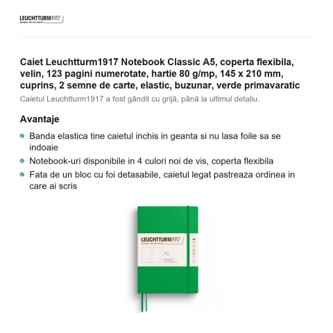 Caiet Leuchtturm1917 Notebook Classic A5, coperta flexibila, velin, 123 pagini numerotate, hartie 80 g/mp, 145 x 210 mm, cuprins, 2 semne de carte, elastic, buzunar, verde primavaratic [1]
