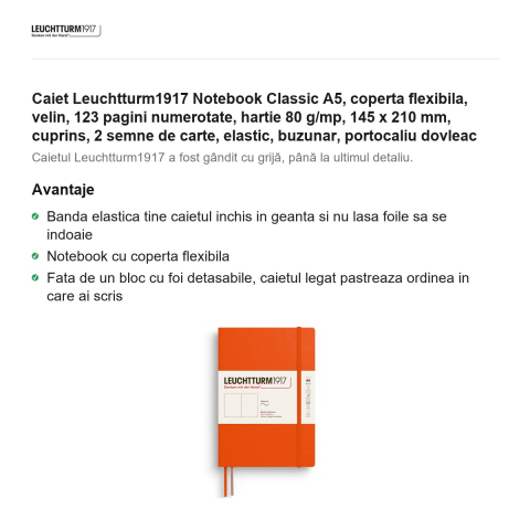 Caiet Leuchtturm1917 Notebook Classic A5, coperta flexibila, velin, 123 pagini numerotate, hartie 80 g/mp, 145 x 210 mm, cuprins, 2 semne de carte, elastic, buzunar, portocaliu dovleac [1]