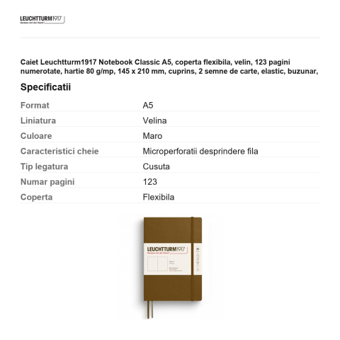 Caiet Leuchtturm1917 Notebook Classic A5, coperta flexibila, velin, 123 pagini numerotate, hartie 80 g/mp, 145 x 210 mm, cuprins, 2 semne de carte, elastic, buzunar, maro scortisoara [2]