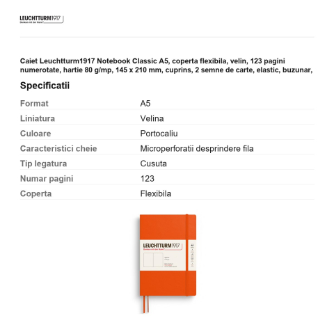 Caiet Leuchtturm1917 Notebook Classic A5, coperta flexibila, velin, 123 pagini numerotate, hartie 80 g/mp, 145 x 210 mm, cuprins, 2 semne de carte, elastic, buzunar, portocaliu dovleac [2]
