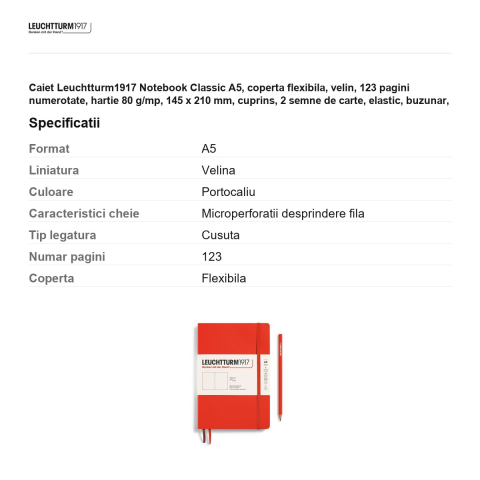 Caiet Leuchtturm1917 Notebook Classic A5, coperta flexibila, velin, 123 pagini numerotate, hartie 80 g/mp, 145 x 210 mm, cuprins, 2 semne de carte, elastic, buzunar, portocaliu inchis lobster [2]
