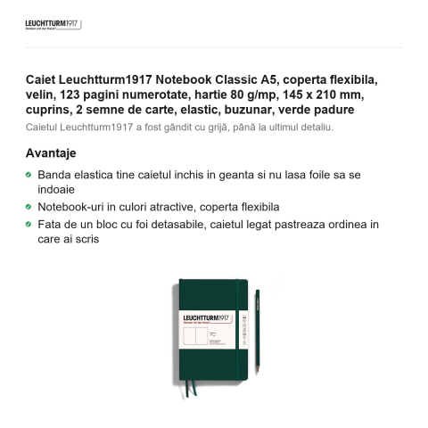 Caiet Leuchtturm1917 Notebook Classic A5, coperta flexibila, velin, 123 pagini numerotate, hartie 80 g/mp, 145 x 210 mm, cuprins, 2 semne de carte, elastic, buzunar, verde padure [1]