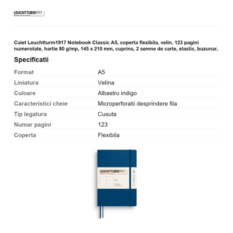 Caiet Leuchtturm1917 Notebook Classic A5, coperta flexibila, velin, 123 pagini numerotate, hartie 80 g/mp, 145 x 210 mm, cuprins, 2 semne de carte, elastic, buzunar, indigo [2]
