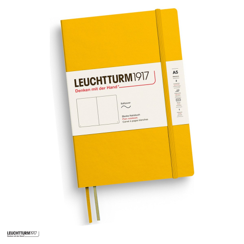 Caiete - Caiet Leuchtturm1917 Notebook Classic A5, coperta flexibila, velin, 123 pagini numerotate, hartie 80 g/mp, 145 x 210 mm, cuprins, 2 semne de carte, elastic, buzunar, galben floarea soarelui
