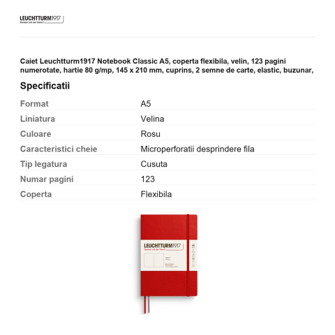 Caiet Leuchtturm1917 Notebook Classic A5, coperta flexibila, velin, 123 pagini numerotate, hartie 80 g/mp, 145 x 210 mm, cuprins, 2 semne de carte, elastic, buzunar, rosu cherry [2]