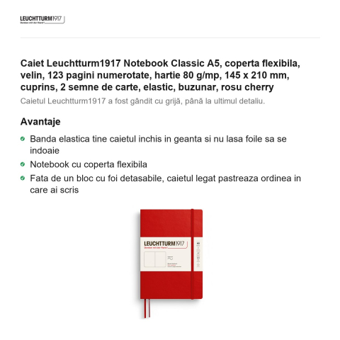 Caiet Leuchtturm1917 Notebook Classic A5, coperta flexibila, velin, 123 pagini numerotate, hartie 80 g/mp, 145 x 210 mm, cuprins, 2 semne de carte, elastic, buzunar, rosu cherry [1]