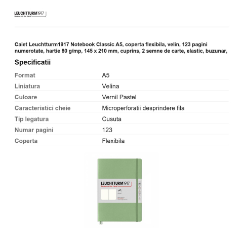 Caiet Leuchtturm1917 Notebook Classic A5, coperta flexibila, velin, 123 pagini numerotate, hartie 80 g/mp, 145 x 210 mm, cuprins, 2 semne de carte, elastic, buzunar, vernil pastel [2]