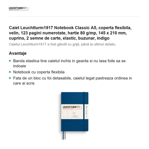 Caiet Leuchtturm1917 Notebook Classic A5, coperta flexibila, velin, 123 pagini numerotate, hartie 80 g/mp, 145 x 210 mm, cuprins, 2 semne de carte, elastic, buzunar, indigo [1]