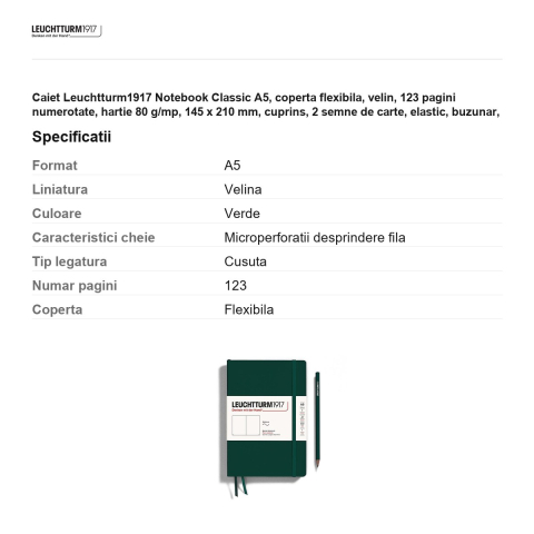 Caiet Leuchtturm1917 Notebook Classic A5, coperta flexibila, velin, 123 pagini numerotate, hartie 80 g/mp, 145 x 210 mm, cuprins, 2 semne de carte, elastic, buzunar, verde padure [2]