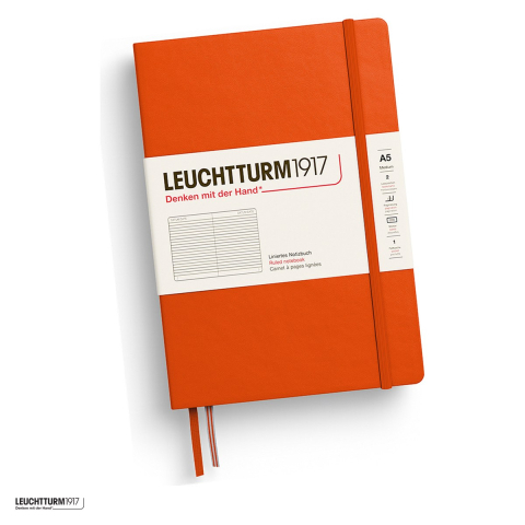 Birotica papetarie - Caiet Leuchtturm1917 Notebook Classic A5, coperta rigida, dictando, 251 pagini numerotate, hartie 80 g/mp, 145 x 210 mm, cuprins, 2 semne de carte, elastic, buzunar, portocaliu dovleac