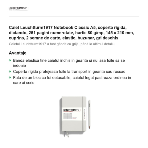 Caiet Leuchtturm1917 Notebook Classic A5, coperta rigida, dictando, 251 pagini numerotate, hartie 80 g/mp, 145 x 210 mm, cuprins, 2 semne de carte, elastic, buzunar, gri deschis [1]