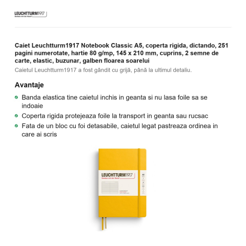 Caiet Leuchtturm1917 Notebook Classic A5, coperta rigida, dictando, 251 pagini numerotate, hartie 80 g/mp, 145 x 210 mm, cuprins, 2 semne de carte, elastic, buzunar, galben floarea soarelui [1]