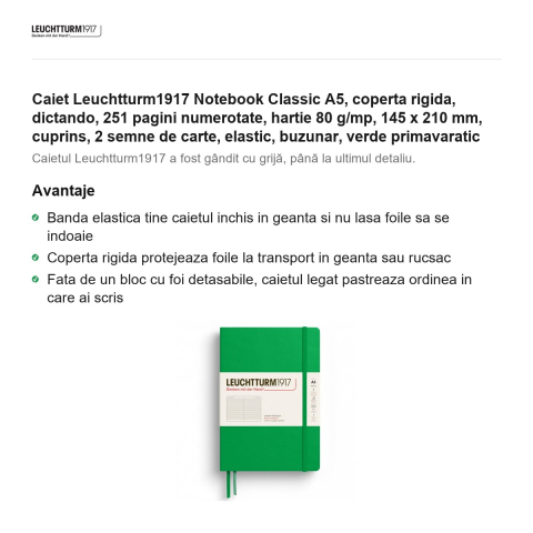Caiet Leuchtturm1917 Notebook Classic A5, coperta rigida, dictando, 251 pagini numerotate, hartie 80 g/mp, 145 x 210 mm, cuprins, 2 semne de carte, elastic, buzunar, verde primavaratic [1]