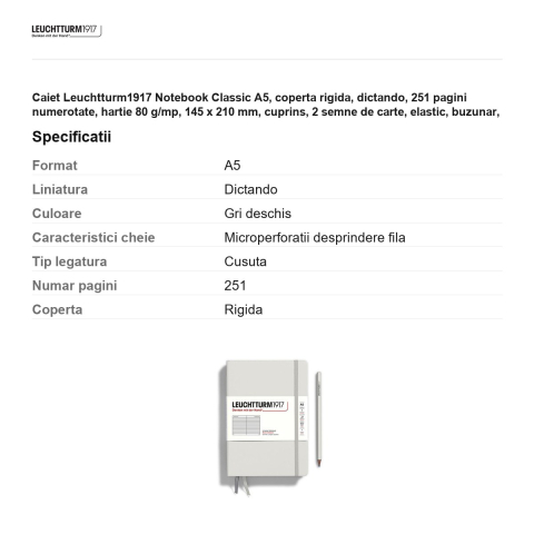Caiet Leuchtturm1917 Notebook Classic A5, coperta rigida, dictando, 251 pagini numerotate, hartie 80 g/mp, 145 x 210 mm, cuprins, 2 semne de carte, elastic, buzunar, gri deschis [2]
