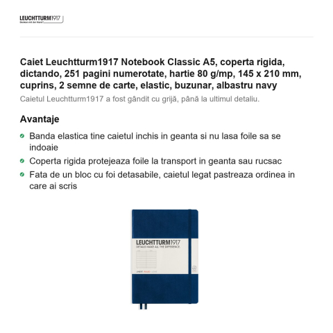 Caiet Leuchtturm1917 Notebook Classic A5, coperta rigida, dictando, 251 pagini numerotate, hartie 80 g/mp, 145 x 210 mm, cuprins, 2 semne de carte, elastic, buzunar, albastru navy [1]