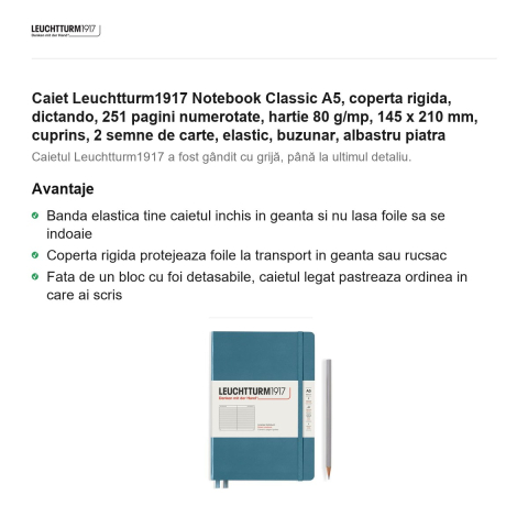 Caiet Leuchtturm1917 Notebook Classic A5, coperta rigida, dictando, 251 pagini numerotate, hartie 80 g/mp, 145 x 210 mm, cuprins, 2 semne de carte, elastic, buzunar, albastru piatra [1]