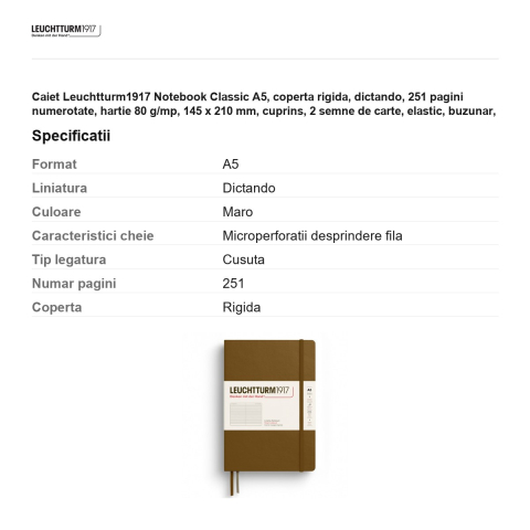 Caiet Leuchtturm1917 Notebook Classic A5, coperta rigida, dictando, 251 pagini numerotate, hartie 80 g/mp, 145 x 210 mm, cuprins, 2 semne de carte, elastic, buzunar, maro scortisoara [2]