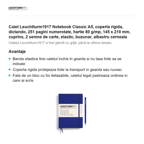 Caiet Leuchtturm1917 Notebook Classic A5, coperta rigida, dictando, 251 pagini numerotate, hartie 80 g/mp, 145 x 210 mm, cuprins, 2 semne de carte, elastic, buzunar, albastru cerneala [1]