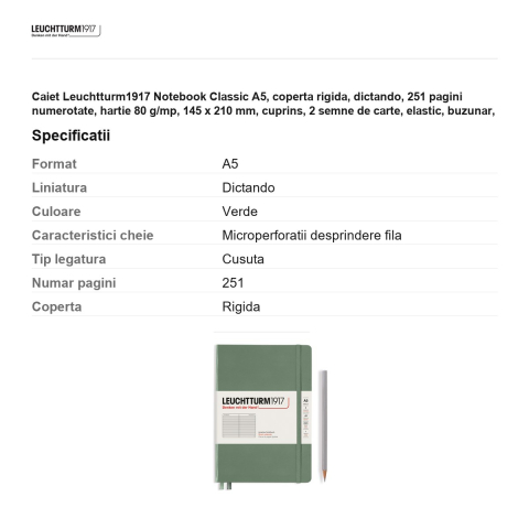 Caiet Leuchtturm1917 Notebook Classic A5, coperta rigida, dictando, 251 pagini numerotate, hartie 80 g/mp, 145 x 210 mm, cuprins, 2 semne de carte, elastic, buzunar, olive [2]