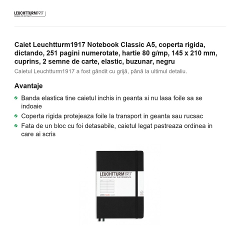 Caiet Leuchtturm1917 Notebook Classic A5, coperta rigida, dictando, 251 pagini numerotate, hartie 80 g/mp, 145 x 210 mm, cuprins, 2 semne de carte, elastic, buzunar, negru [1]