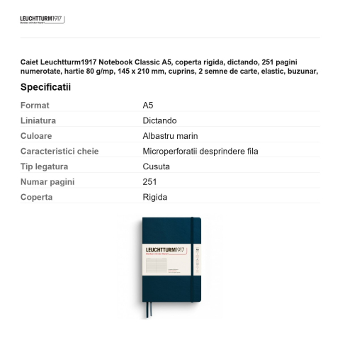 Caiet Leuchtturm1917 Notebook Classic A5, coperta rigida, dictando, 251 pagini numerotate, hartie 80 g/mp, 145 x 210 mm, cuprins, 2 semne de carte, elastic, buzunar, albastru marin [2]