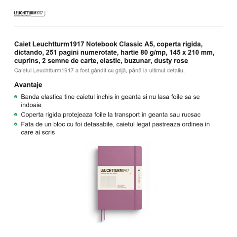 Caiet Leuchtturm1917 Notebook Classic A5, coperta rigida, dictando, 251 pagini numerotate, hartie 80 g/mp, 145 x 210 mm, cuprins, 2 semne de carte, elastic, buzunar, dusty rose [1]