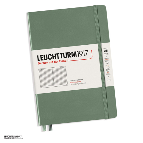 Birotica papetarie - Caiet Leuchtturm1917 Notebook Classic A5, coperta rigida, dictando, 251 pagini numerotate, hartie 80 g/mp, 145 x 210 mm, cuprins, 2 semne de carte, elastic, buzunar, olive
