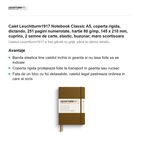 Caiet Leuchtturm1917 Notebook Classic A5, coperta rigida, dictando, 251 pagini numerotate, hartie 80 g/mp, 145 x 210 mm, cuprins, 2 semne de carte, elastic, buzunar, maro scortisoara [1]