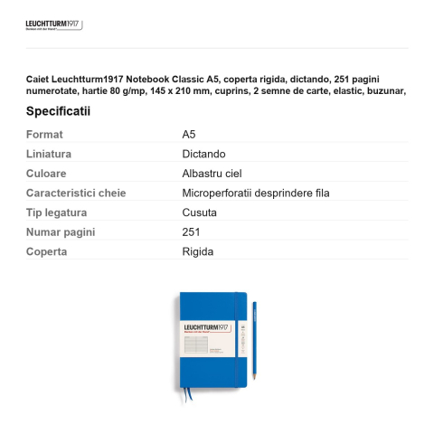 Caiet Leuchtturm1917 Notebook Classic A5, coperta rigida, dictando, 251 pagini numerotate, hartie 80 g/mp, 145 x 210 mm, cuprins, 2 semne de carte, elastic, buzunar, albastru ciel [2]