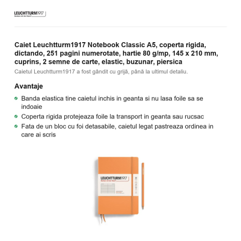 Caiet Leuchtturm1917 Notebook Classic A5, coperta rigida, dictando, 251 pagini numerotate, hartie 80 g/mp, 145 x 210 mm, cuprins, 2 semne de carte, elastic, buzunar, piersica [1]