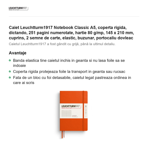 Caiet Leuchtturm1917 Notebook Classic A5, coperta rigida, dictando, 251 pagini numerotate, hartie 80 g/mp, 145 x 210 mm, cuprins, 2 semne de carte, elastic, buzunar, portocaliu dovleac [1]