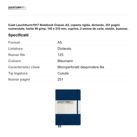 Caiet Leuchtturm1917 Notebook Classic A5, coperta rigida, dictando, 251 pagini numerotate, hartie 80 g/mp, 145 x 210 mm, cuprins, 2 semne de carte, elastic, buzunar, albastru navy [2]