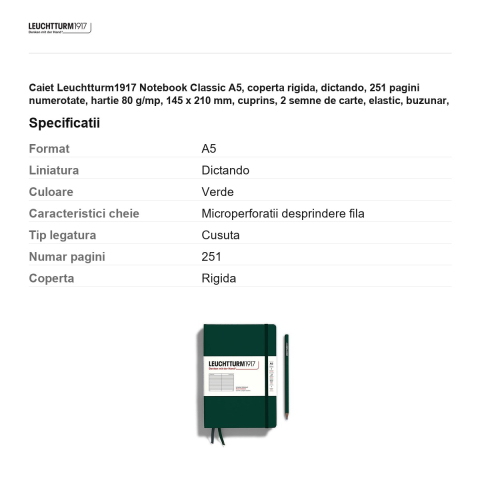 Caiet Leuchtturm1917 Notebook Classic A5, coperta rigida, dictando, 251 pagini numerotate, hartie 80 g/mp, 145 x 210 mm, cuprins, 2 semne de carte, elastic, buzunar, verde padure [2]