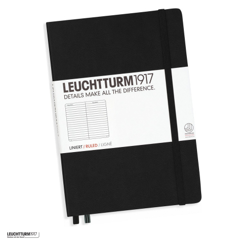 Birotica papetarie - Caiet Leuchtturm1917 Notebook Classic A5, coperta rigida, dictando, 251 pagini numerotate, hartie 80 g/mp, 145 x 210 mm, cuprins, 2 semne de carte, elastic, buzunar, negru