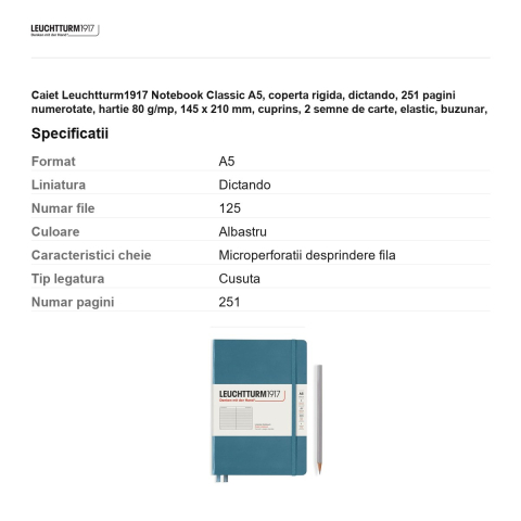 Caiet Leuchtturm1917 Notebook Classic A5, coperta rigida, dictando, 251 pagini numerotate, hartie 80 g/mp, 145 x 210 mm, cuprins, 2 semne de carte, elastic, buzunar, albastru piatra [2]
