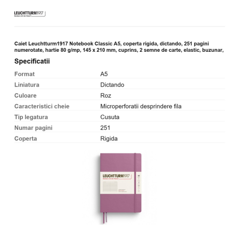 Caiet Leuchtturm1917 Notebook Classic A5, coperta rigida, dictando, 251 pagini numerotate, hartie 80 g/mp, 145 x 210 mm, cuprins, 2 semne de carte, elastic, buzunar, dusty rose [2]