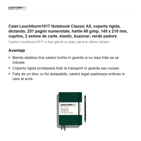 Caiet Leuchtturm1917 Notebook Classic A5, coperta rigida, dictando, 251 pagini numerotate, hartie 80 g/mp, 145 x 210 mm, cuprins, 2 semne de carte, elastic, buzunar, verde padure [1]