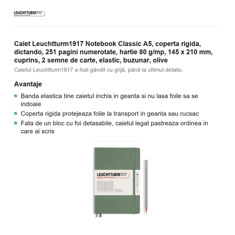 Caiet Leuchtturm1917 Notebook Classic A5, coperta rigida, dictando, 251 pagini numerotate, hartie 80 g/mp, 145 x 210 mm, cuprins, 2 semne de carte, elastic, buzunar, olive [1]