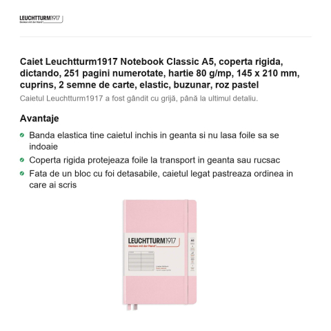 Caiet Leuchtturm1917 Notebook Classic A5, coperta rigida, dictando, 251 pagini numerotate, hartie 80 g/mp, 145 x 210 mm, cuprins, 2 semne de carte, elastic, buzunar, roz pastel [1]