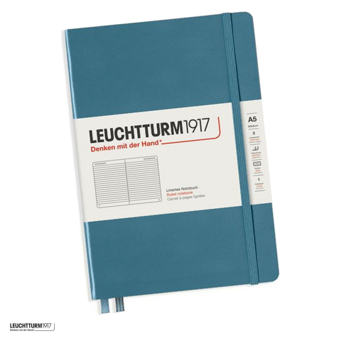 Birotica papetarie - Caiet Leuchtturm1917 Notebook Classic A5, coperta rigida, dictando, 251 pagini numerotate, hartie 80 g/mp, 145 x 210 mm, cuprins, 2 semne de carte, elastic, buzunar, albastru piatra