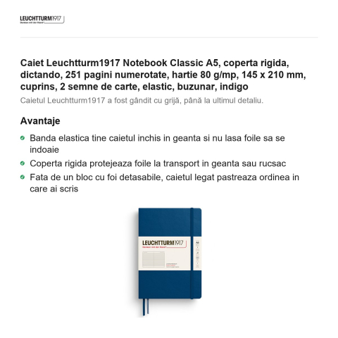 Caiet Leuchtturm1917 Notebook Classic A5, coperta rigida, dictando, 251 pagini numerotate, hartie 80 g/mp, 145 x 210 mm, cuprins, 2 semne de carte, elastic, buzunar, indigo [1]