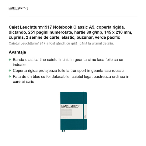 Caiet Leuchtturm1917 Notebook Classic A5, coperta rigida, dictando, 251 pagini numerotate, hartie 80 g/mp, 145 x 210 mm, cuprins, 2 semne de carte, elastic, buzunar, verde pacific [1]