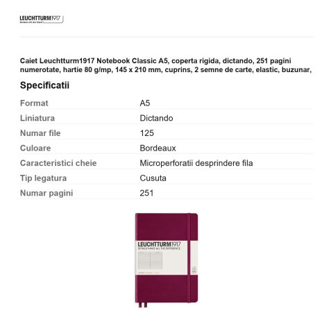 Caiet Leuchtturm1917 Notebook Classic A5, coperta rigida, dictando, 251 pagini numerotate, hartie 80 g/mp, 145 x 210 mm, cuprins, 2 semne de carte, elastic, buzunar, bordeaux [2]