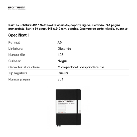Caiet Leuchtturm1917 Notebook Classic A5, coperta rigida, dictando, 251 pagini numerotate, hartie 80 g/mp, 145 x 210 mm, cuprins, 2 semne de carte, elastic, buzunar, negru [2]