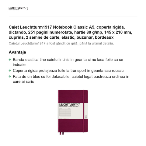 Caiet Leuchtturm1917 Notebook Classic A5, coperta rigida, dictando, 251 pagini numerotate, hartie 80 g/mp, 145 x 210 mm, cuprins, 2 semne de carte, elastic, buzunar, bordeaux [1]