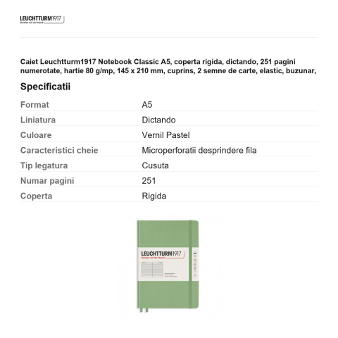 Caiet Leuchtturm1917 Notebook Classic A5, coperta rigida, dictando, 251 pagini numerotate, hartie 80 g/mp, 145 x 210 mm, cuprins, 2 semne de carte, elastic, buzunar, vernil pastel [2]